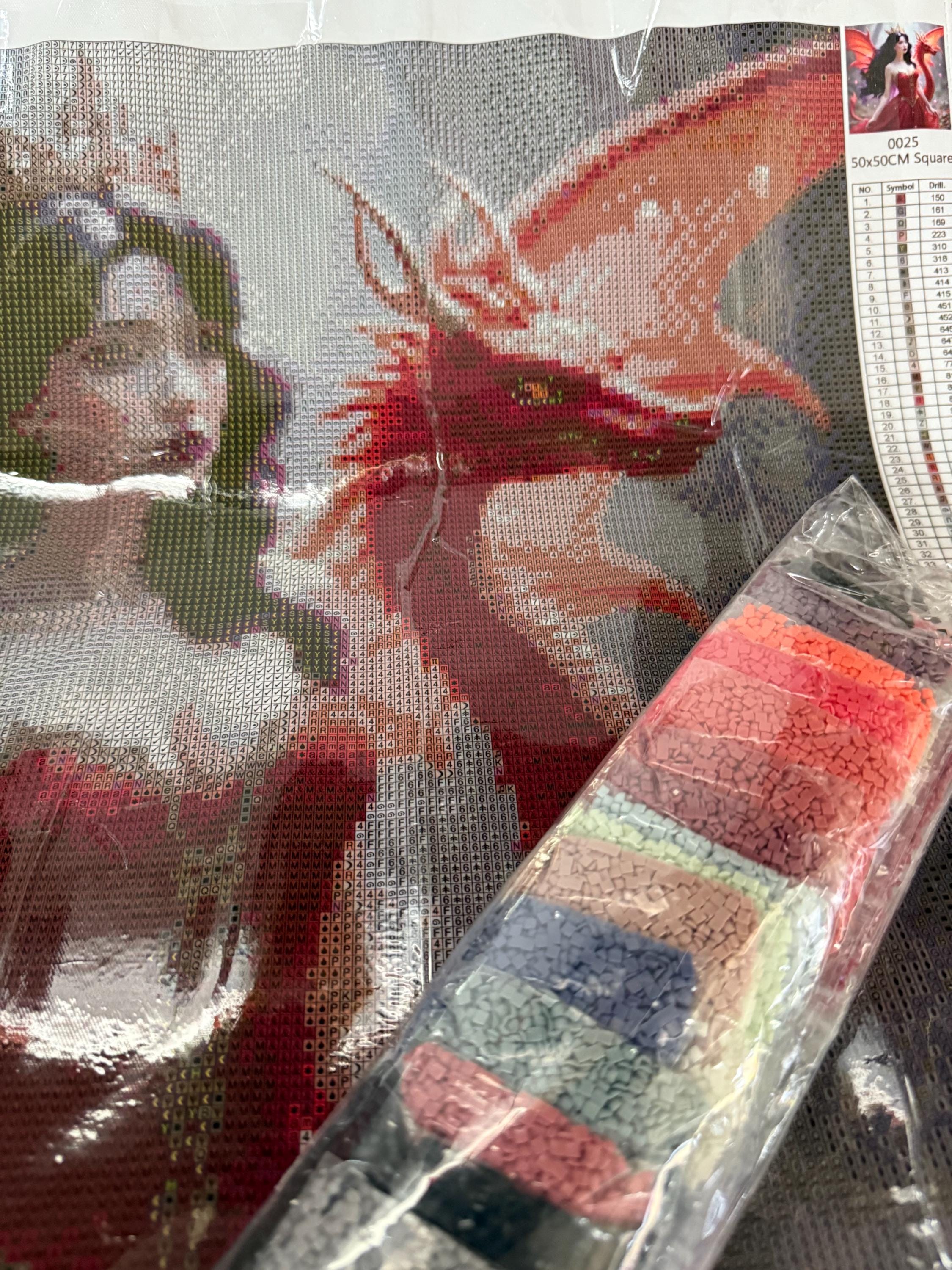 5D red fairy with dragon Diamond Painting, Square RESIN Gem Art (50x50)