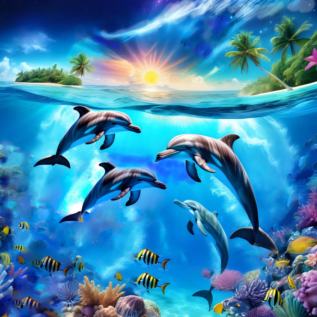 5D Magical dolphins playing Diamond Painting, Square RESIN Gem Art (50x50)